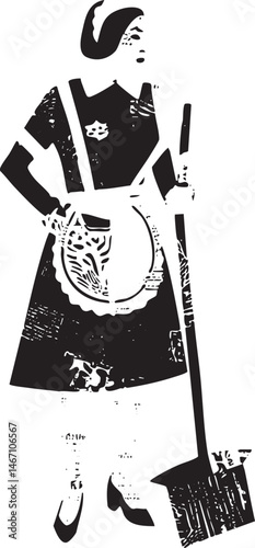 A silhouetted figure stands upright holding a mop and bucket.