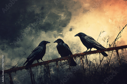 Three crows perched on a rusted fence against a dramatic sky, evoking a sense of mystery