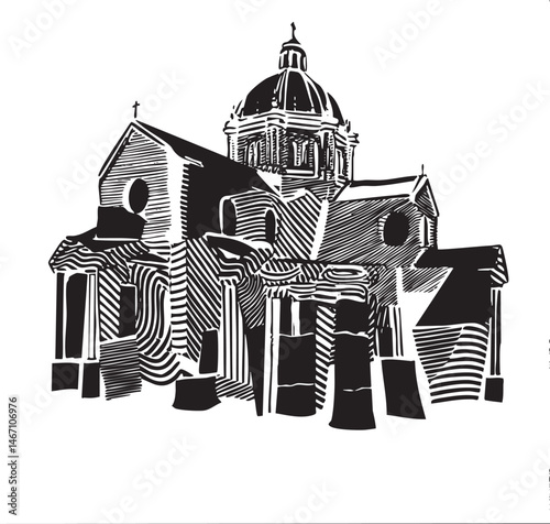 A detailed black and white depicts a  ornate church building with a prominent dome.