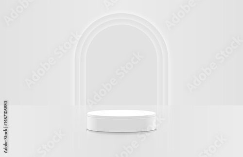 Abstract luxury white 3d cylinder podium in clean bright studio room and light on behind arch shape backdrop. 3d product display stand. Minimal scene for product presentation. Vector geometric form.
