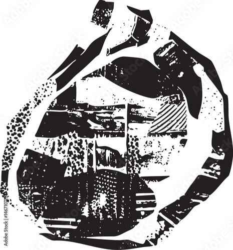 A textured circular abstract depicts a fragmented cityscape.