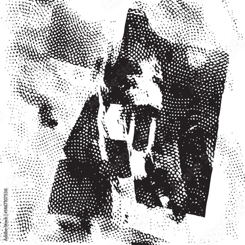 A grayscale portrait of a dog’s face appears within an abstract textured background.