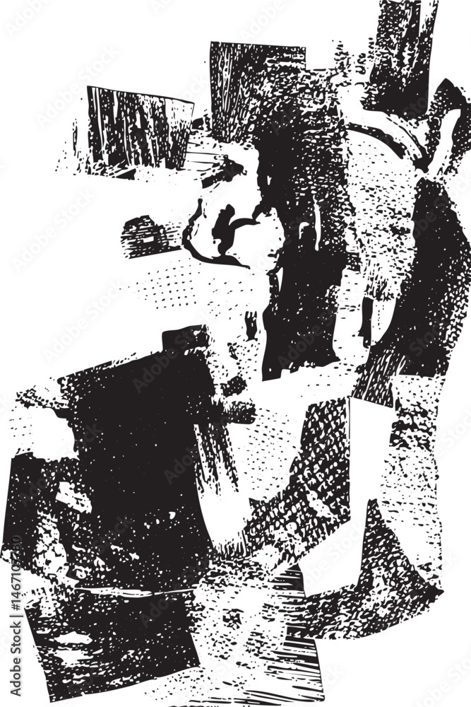 A fragmented textured portrait of a figure in black and white. A fragmented textured portrait of a figure in black and white.