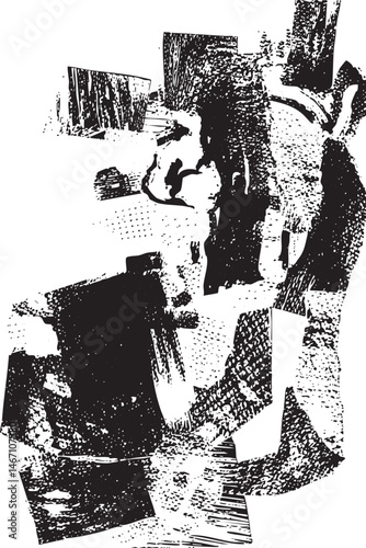 A fragmented textured portrait of a figure in black and white.