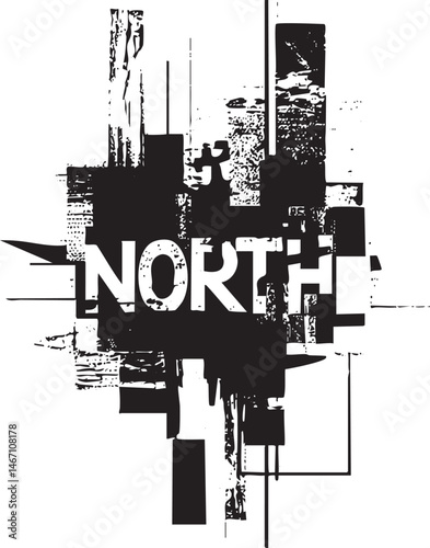 Bold fragmented typography spells the word 'North' against a textured background.