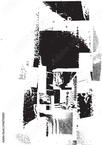A distressed fragmented black and white abstract texture dominates the frame.