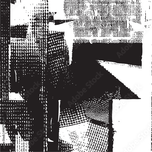 A grayscale architectural composition showcases a building's facade with prominent geometric shapes.