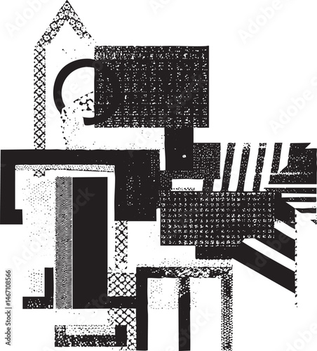 A stylized black and white architectural composition features intersecting geometric shapes and a prominent window.