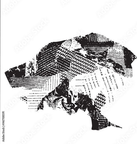 A textured geometric composition of layered shapes and forms.
