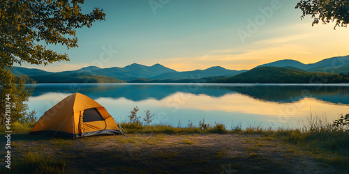 Serene Lakeside Camping Tent by Calm River at Sunrise
