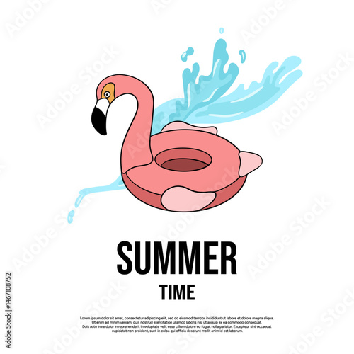 Rubber flamingo floating with water breeze. Summer time pool and ocean lifebelt element party  