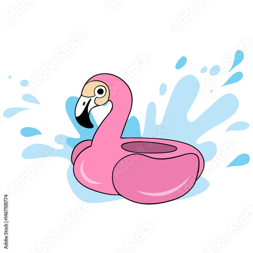 Rubber flamingo floating with water breeze. Summer time pool and ocean lifebelt element party  