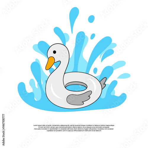 Rubber duck floating with water breeze. Summer time pool and ocean lifebelt element party  