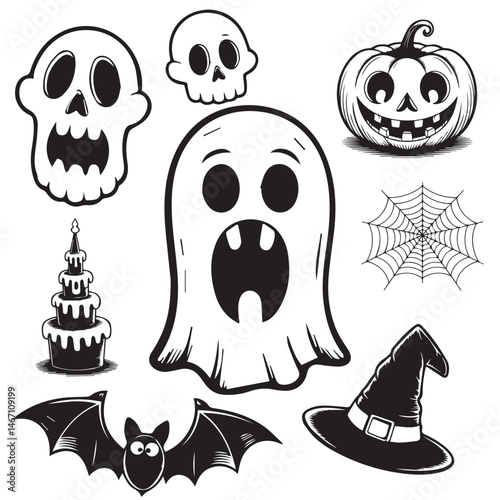 Vintage Halloween Skull and Cake Illustration