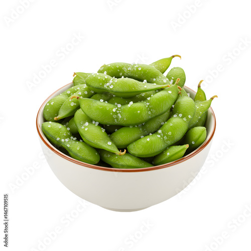 Bowl of fresh edamame sprinkled with salt on white background