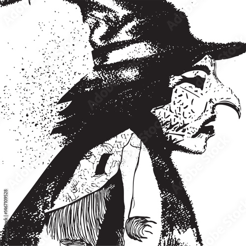 A black and white depicts a witch in profile wearing a pointed hat and holding a broom.