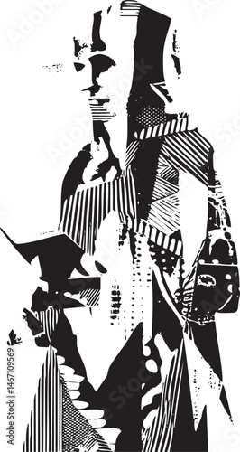 A stark fragmented figure emerges from a complex network of black and white lines.