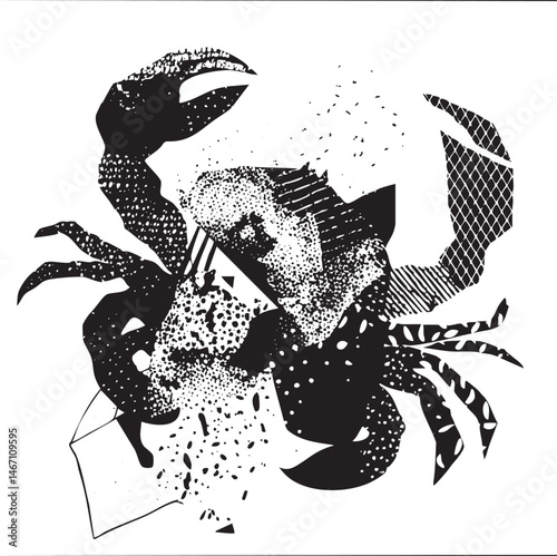 A stylized black and white crab rests on a textured surface.