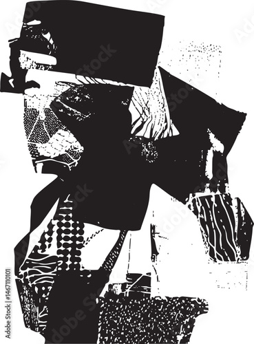 A grayscale portrait depicts a figure wearing a tall hat and holding a scroll.