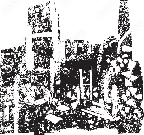 Fragmented structures emerge from a chaotic textured background.