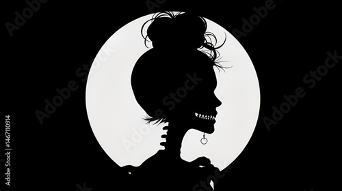 Female Skeleton messy bun vector silhouette shares a whispered secret of forgotten times