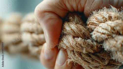 Hand gripping tight a thick rope. Close up