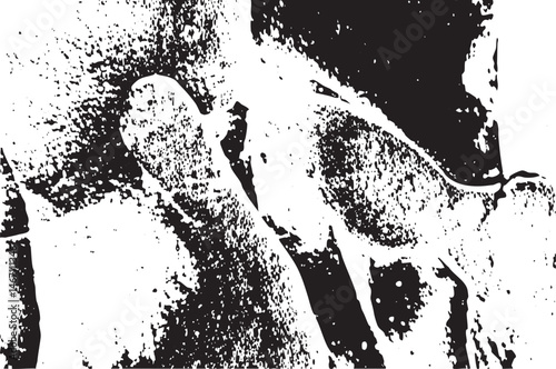 A close-up portrait of a person’s face rendered in stark black and white with textured abstraction.