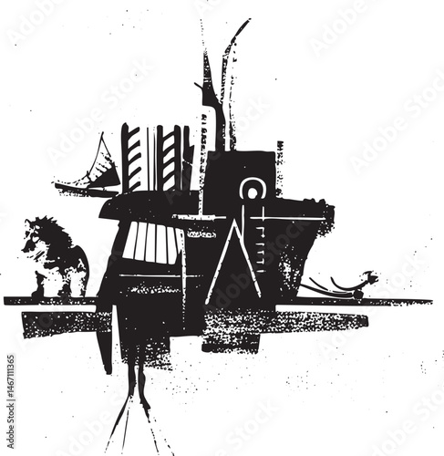 A stylized black and white ship rests on a wooden dock with a small canine figure.