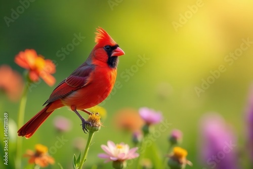 Vibrant cardinal perched on wildflowers, sunlit scene, stem, wildlife