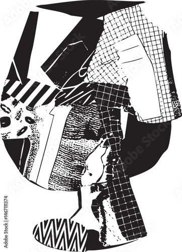A fragmented black-and-white portrait of a person viewed through a circular frame.