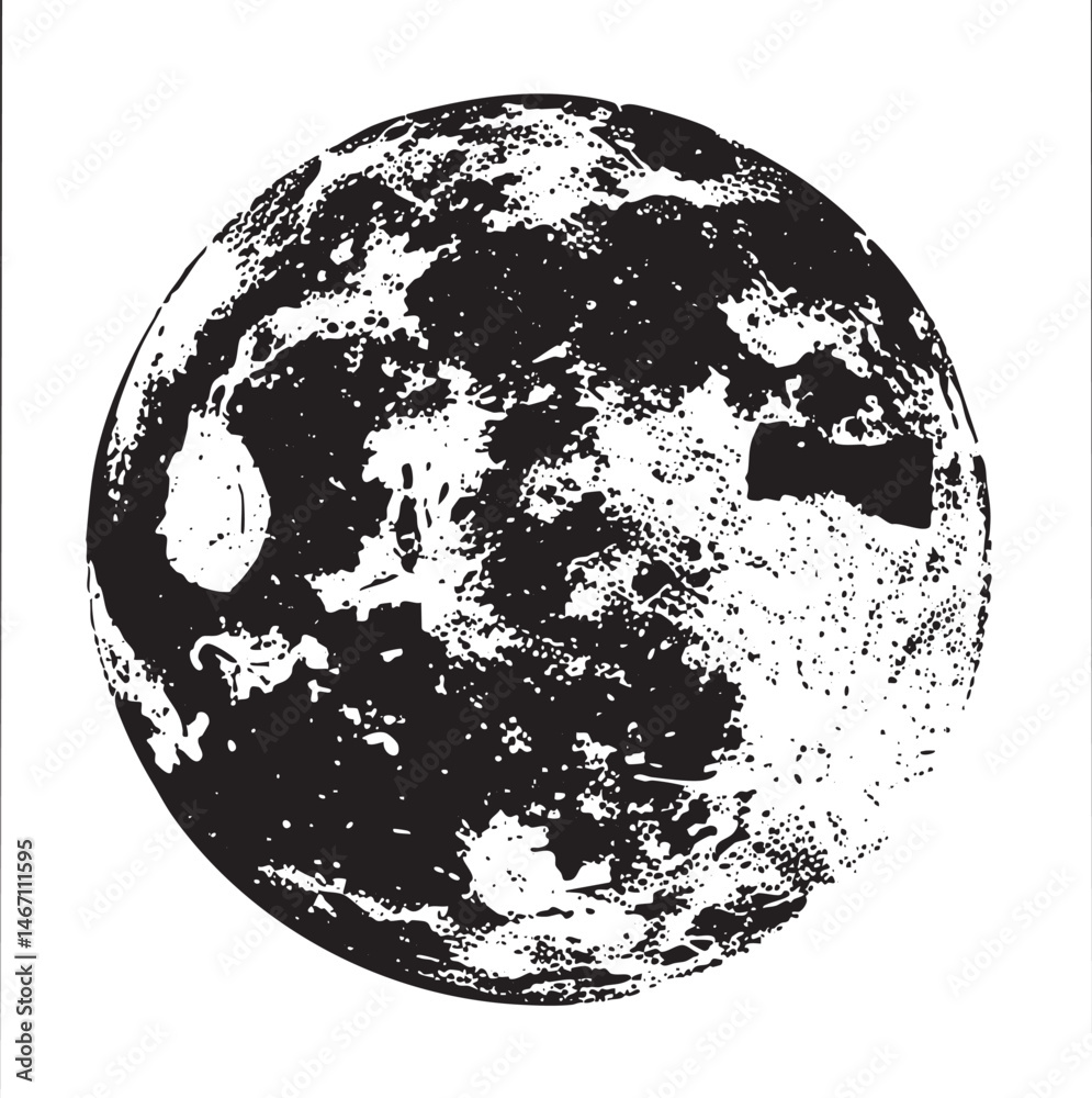 A detailed textured black and white of a spherical planet.