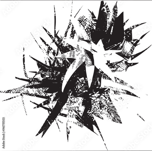 A dense cluster of dark angular plant forms emerges from a central point.