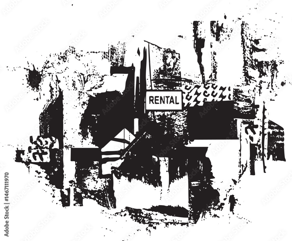 Obraz premium Abstract black and white of a building with a rental sign.