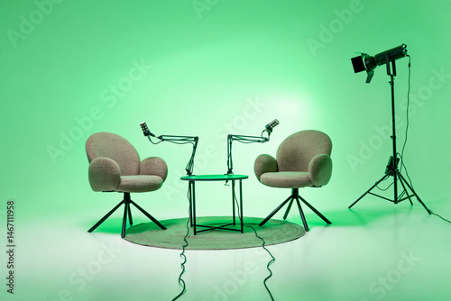 Podcast studio setup featuring two chairs and microphones designed for engaging lecture and interview sessions