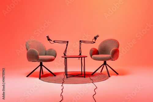 Podcast setting with two chairs and microphones designed for engaging interviews and educational discussions