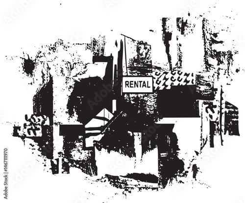 Abstract black and white of a building with a rental sign.