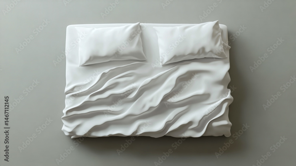 Obraz premium A realistic white duvet cover with two pillows, seen from above, lying on the floor. The blanket is folded in half and has no wrinkles or creases.The background must be a plain gray color