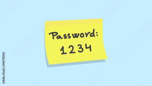 Yellow sticky note with handwritten text "Password: 1234". Cybersecurity and password management concept.