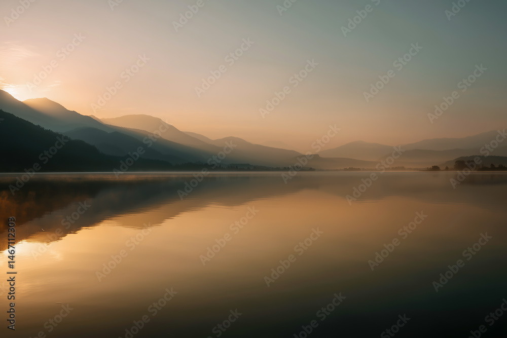 Fototapeta premium Minimalist sunrise landscape with misty lake and soft mountain layers, perfect as background or with copy space for text and design