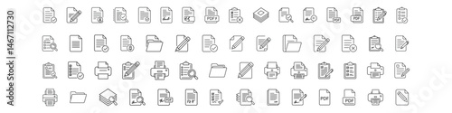 set of paper documents and clipboard icons thin line style. quality control, checklist, clipboard document page with check mark, magnifying glass, pencil icon, on white background