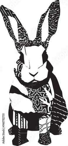 A stylized white rabbit stands upright with intricate black adorning its form.