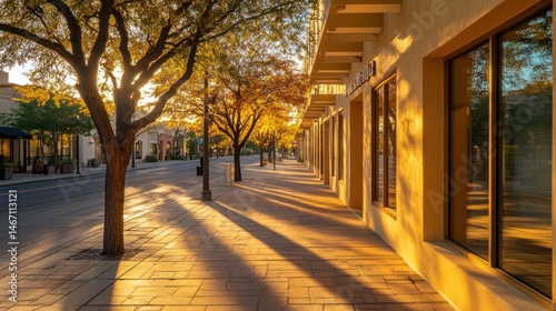 Sunny morning in a town street with shops