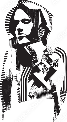 A solitary figure stands with a contemplative expression outlined in stark black against a white background.