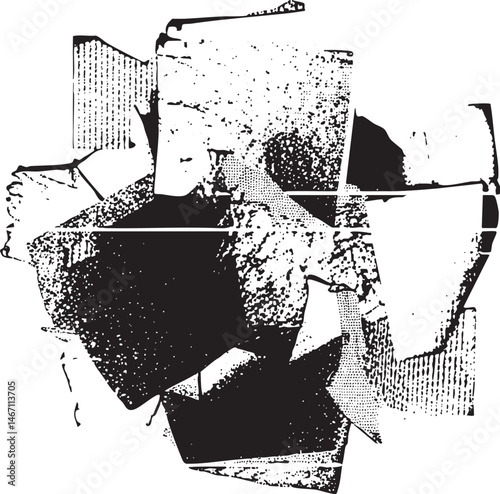A fragmented abstract figure emerges from a textured black and white composition.