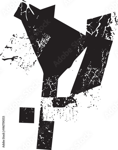A fragmented black and white abstract shape dominates the composition.