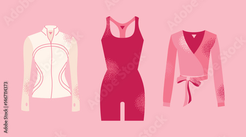 Set female fitness and yoga pilates zip-up jacket, sports romper, and wrap top on pink background. Flat vector illustration. Activewear and wellness lifestyle concept.