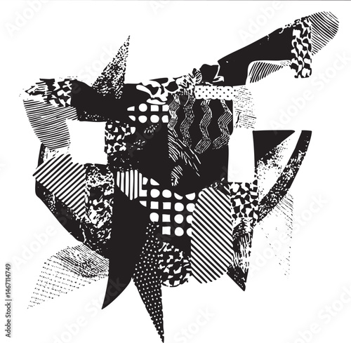 A dynamic arrangement of fragmented geometric shapes in stark black and white.