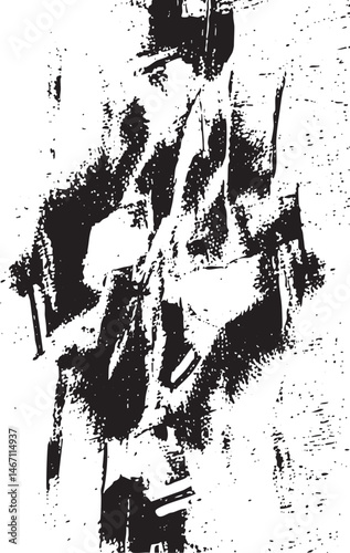 Abstract black and white brushstrokes create a textured dynamic composition.