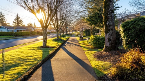 Sunny suburban sidewalk at dawn