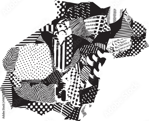 A stylized geometric composition of overlapping shapes and .